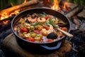 campfire cioppino in a bowl with a wooden spoon