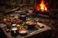 campfire cioppino with rustic table setting nearby