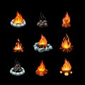 Campfire. collection pictures of glowing flame from bonfire tourism outdoor symbols natural forest fire places. Vector