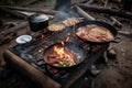 campfire cook with cast-iron skillet and sizzling bacon, eggs and pancakes