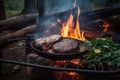 campfire cook, grilling juicy steak to perfection over hot fire