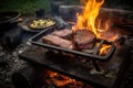 campfire cook, grilling juicy steak to perfection over hot fire