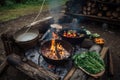 campfire cook, preparing meal with fresh ingredients and spices on campfire