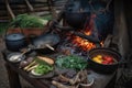 campfire cook, preparing meal with fresh ingredients and spices on campfire