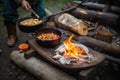 campfire cook preparing simple meal of hot dogs and baked beans for group of friends