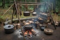 campfire cook, with skillets and pots hanging from tripod over the fire, preparing a feast for friends and family