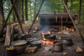 campfire cook, with skillets and pots hanging from tripod over the fire, preparing a feast for friends and family