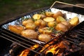 campfire cooking grate holding silver-foiled spuds