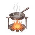 Campfire Cooking Illustration with Cast Iron Pan Royalty Free Stock Photo