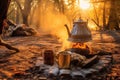 campfire with cowboy coffee pot in morning light Royalty Free Stock Photo
