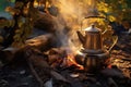 campfire with cowboy coffee pot in morning light Royalty Free Stock Photo