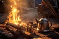 campfire with cowboy coffee pot in morning light Royalty Free Stock Photo