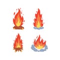 Campfire different types. Vector burning bonfire frames. Camping fire collection. Fireplace with fire coals or woodfire