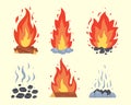 Campfire different types. Vector burning bonfire frames. Camping fire collection. Fireplace with fire coals or woodfire