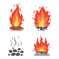 Campfire different types. Vector burning bonfire frames. Camping fire collection. Fireplace with fire coals or woodfire