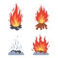 Campfire different types. Vector burning bonfire frames. Camping fire collection. Fireplace with fire coals or woodfire