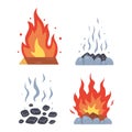 Campfire different types. Vector burning bonfire frames. Camping fire collection. Fireplace with fire coals or woodfire