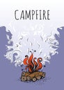 Campfire, fire over wood logs and cloud of smoke. Vector illustration. Royalty Free Stock Photo