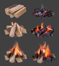 Campfire flame. Outdoor camping realistic collection with bonfire bright burning fire decent vector illustrations set