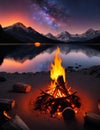 Campfire the flames create a cozy ambiance as the nearby puddle captures the shimmering reflection of the snow capped mountains Royalty Free Stock Photo