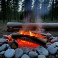 A campfire in a forest setting with tall evergreen trees. The fire is surrounded by a ring Royalty Free Stock Photo