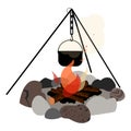 Campfire and hanger with a cooking pot hanging from it. Vector illustration Royalty Free Stock Photo
