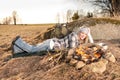 Campfire hiking woman sleep countryside