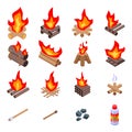 Campfire icons set, isometric style