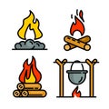 Campfire icons set, outline style