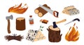 Campfire ignition elements. Wooden logs. Brushwood bundle. Lumber cutting tools. Firewood stacks. Axe and saw. Box