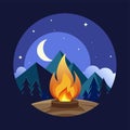 A campfire illuminates the darkness of the night under a starry sky, A simple image of a campfire under a starry night sky, Royalty Free Stock Photo