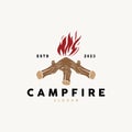Campfire Logo Design, Bonfire Vector, Adventure Camp Outdoor Wood Flame Vintage Retro Illustration