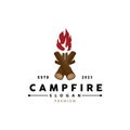 Campfire Logo Design, Bonfire Vector, Adventure Camp Outdoor Wood Flame Vintage Retro Illustration