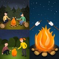 Campfire marshmallow banner set, cartoon style