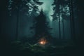 a campfire in the middle of a dark forest