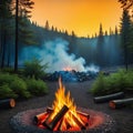 A campfire in the middle of a forest at a digital icon for weather the artist has used realistic fire sharp focus by