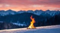 campfire in the middle of snow in winter