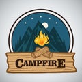 Campfire Mountain Adventure Round Retro Logo Vector Illustration. Template for Camping, Adventure Holiday Activity.