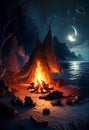 Campfire on the ocean. AI Generated