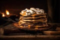 campfire pancakes stacked on a rustic wooden plate Royalty Free Stock Photo