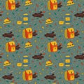 Campfire pattern for Camping. Colorful background with things to relax in the forest. Camping, thermos, campfire