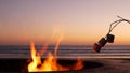 Campfire pit in California USA. Camp fire on ocean sea beach, roasting toast marshmallow on bonfire. Royalty Free Stock Photo