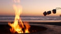 Campfire pit in California USA. Camp fire on ocean sea beach, roasting toast marshmallow on bonfire. Royalty Free Stock Photo