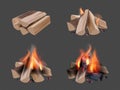 Campfire realistic. Burning flame in wooden camp fireplace bonfires with smoke travel symbols collection decent vector Royalty Free Stock Photo