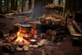 campfire with rustic outdoor cooking setup for cioppino