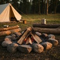Campfire scene with logs arranged in a triangle, encircled by large stones. Behind Royalty Free Stock Photo