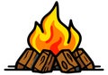 Campfire sign or icon with yellow fire and woog logs. Camping bonfire emblem with outline.