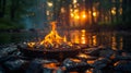 a campfire is sitting on top of a pile of coals in the middle of a forest Royalty Free Stock Photo