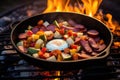 campfire skillet filled with breakfast foods on hot coals Royalty Free Stock Photo