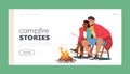 Campfire Stories Landing Page Template. Young Man and Woman Couple Sitting at Fire Frying Marshmallow Royalty Free Stock Photo